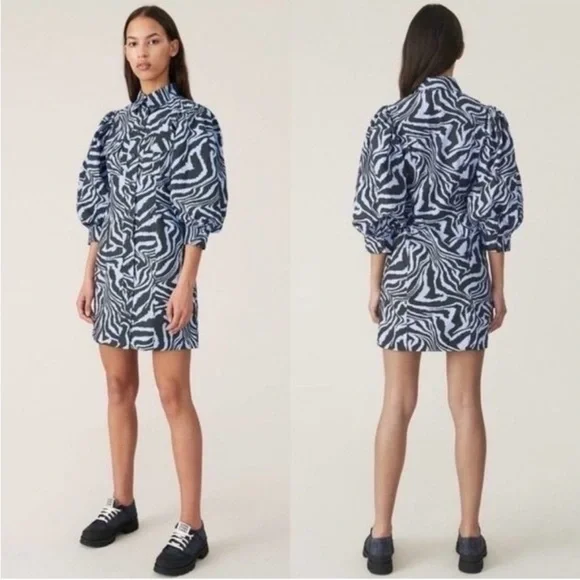 Women’s GANNI blue swirl pouf sleeve dress- Size 34 - Picture 3 of 10